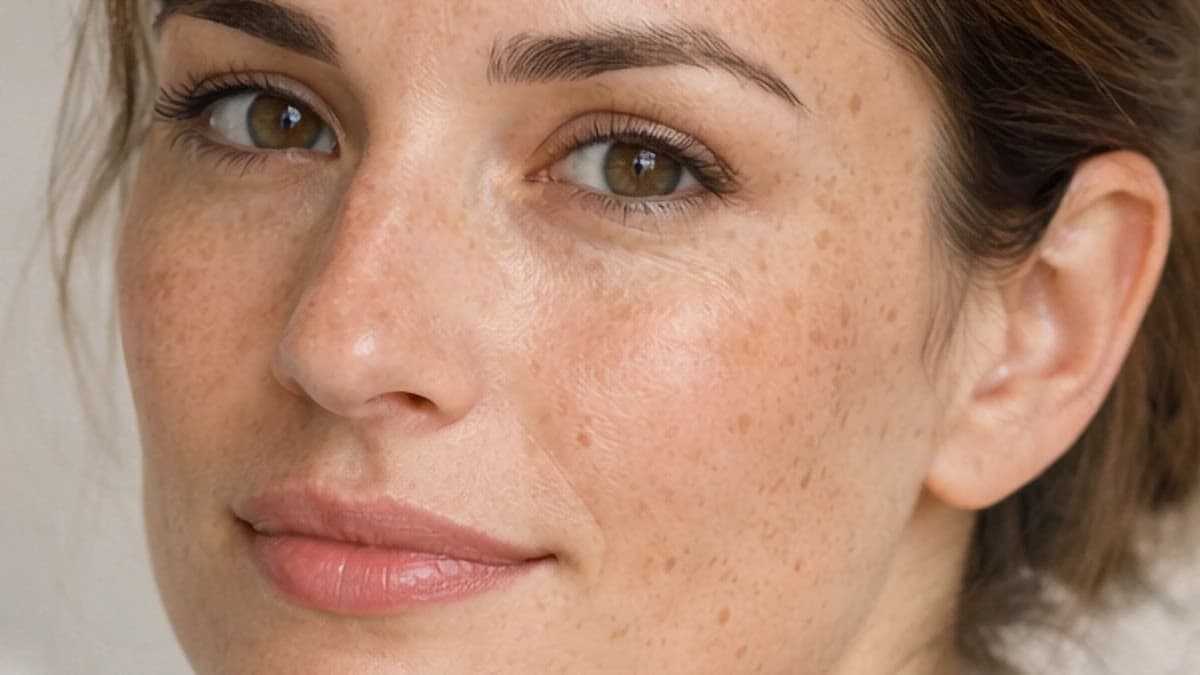 Primer plano clínico de mejilla con melasma y léntigos para ilustrar valoración pigmentaria médica